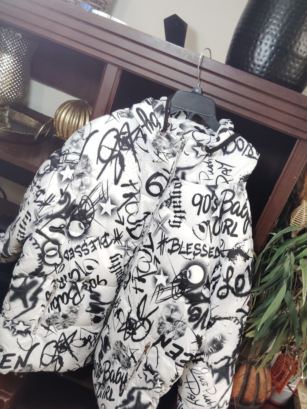 Fashion Nova Woman Black & White Graffiti Puffer Jacket - Hooded